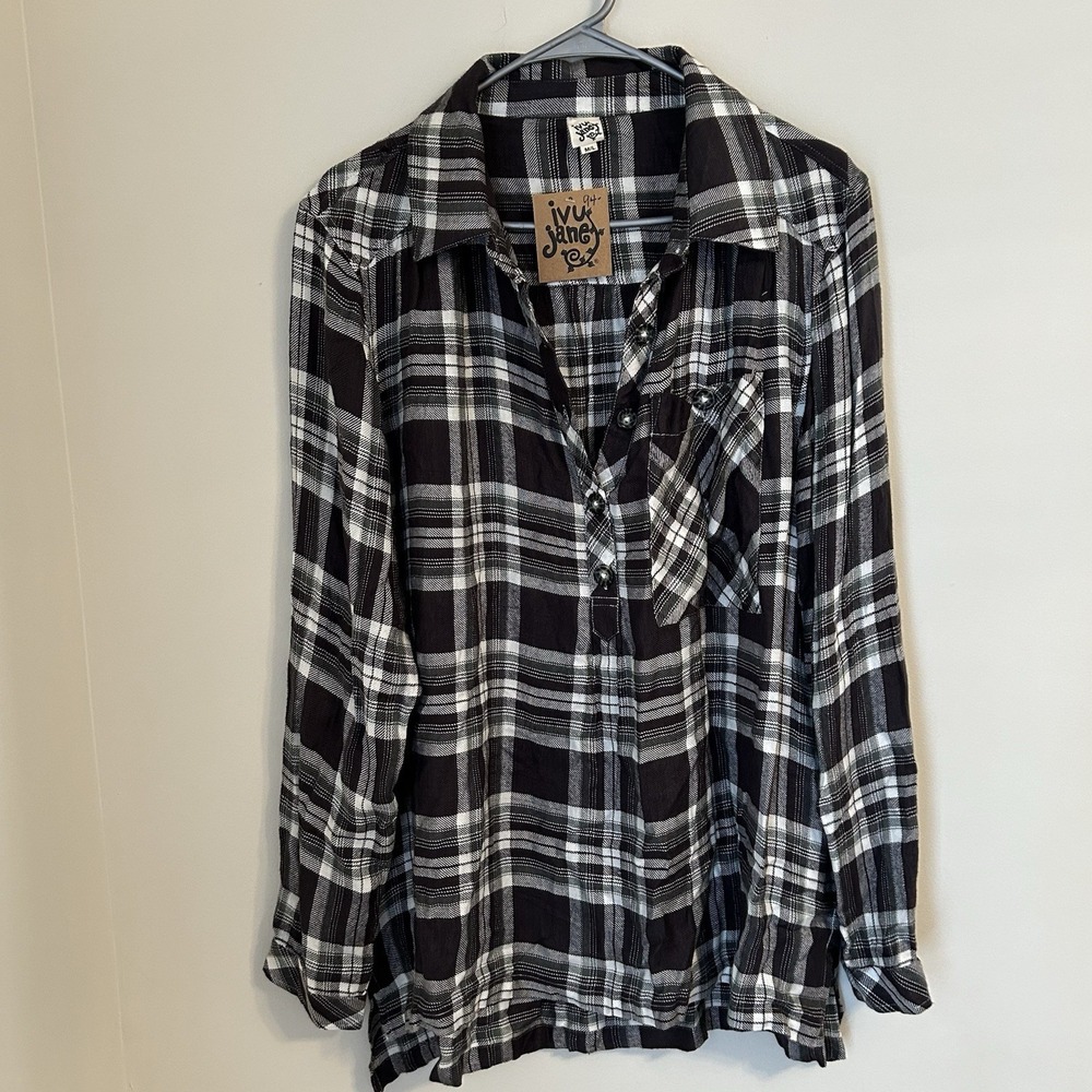 Ivy Jane Women's Plaid Popover Blouse Partial Button Boho Flannel Shirt Size M/L